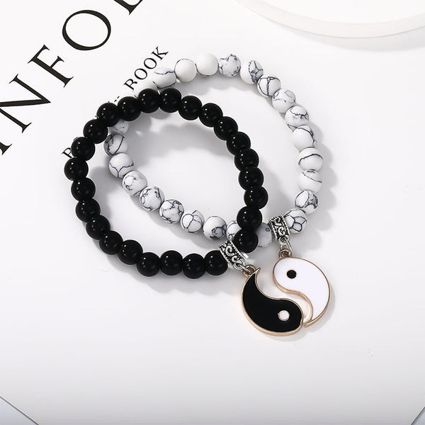 Yin Yang Protection Couple Bracelet - Black and white stone bead couple bracelets with silver yin-yang charms, handmade fr...