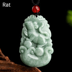 Green Jade Zodiac Necklace - Rat zodiac jade with red bead and cloud motifs, luck amulet