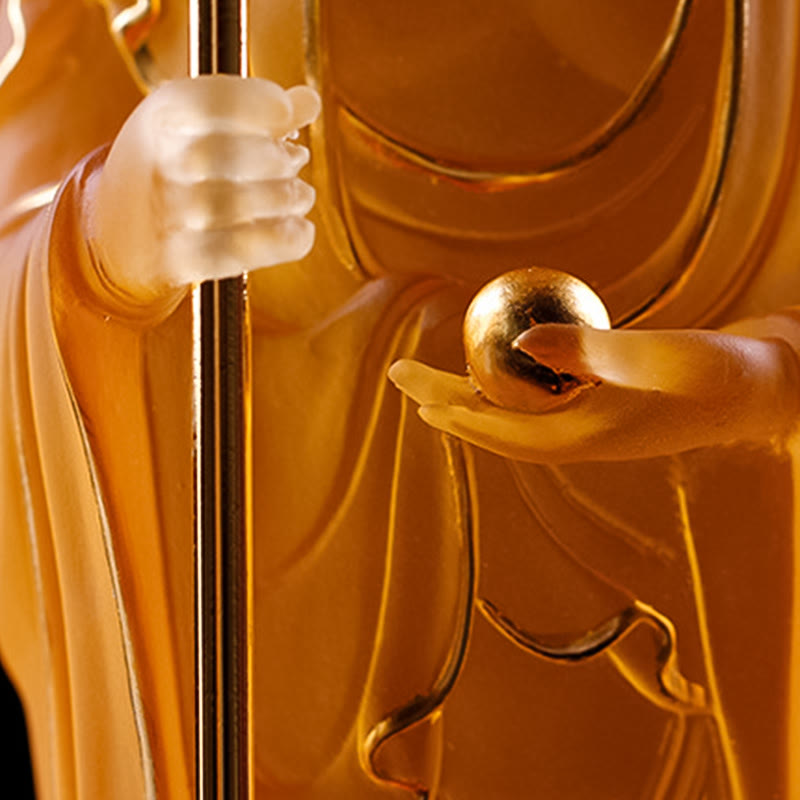 Ksitigarbha Liuli Crystal Figurine – Front view showing compassionate expression, devotional decor