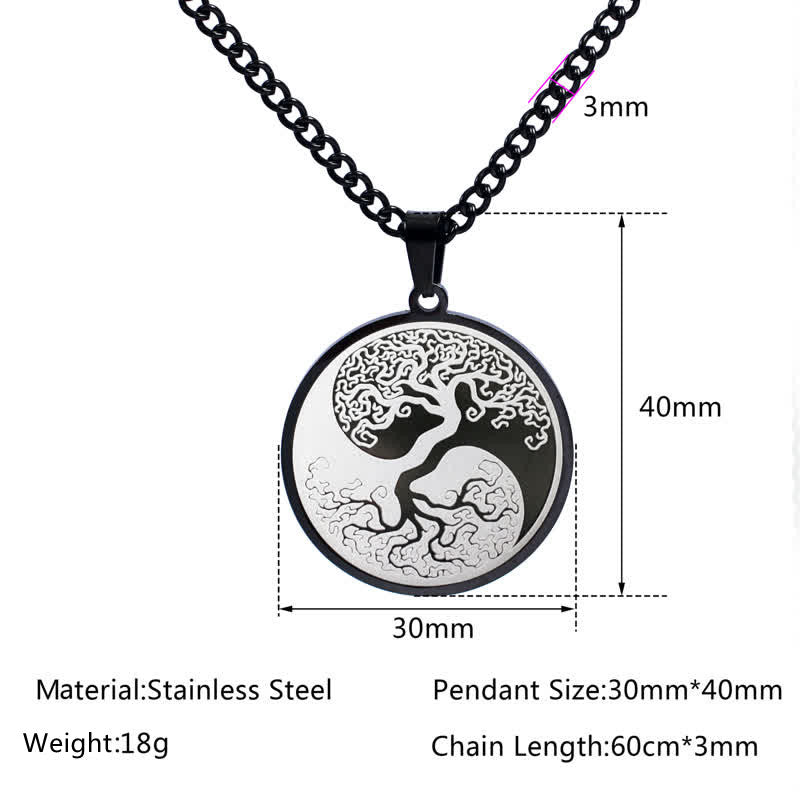 Tree of Life Titanium Steel Necklace – black pendant on white with spec overlay, 3mm chain 60cm 18g stainless steel