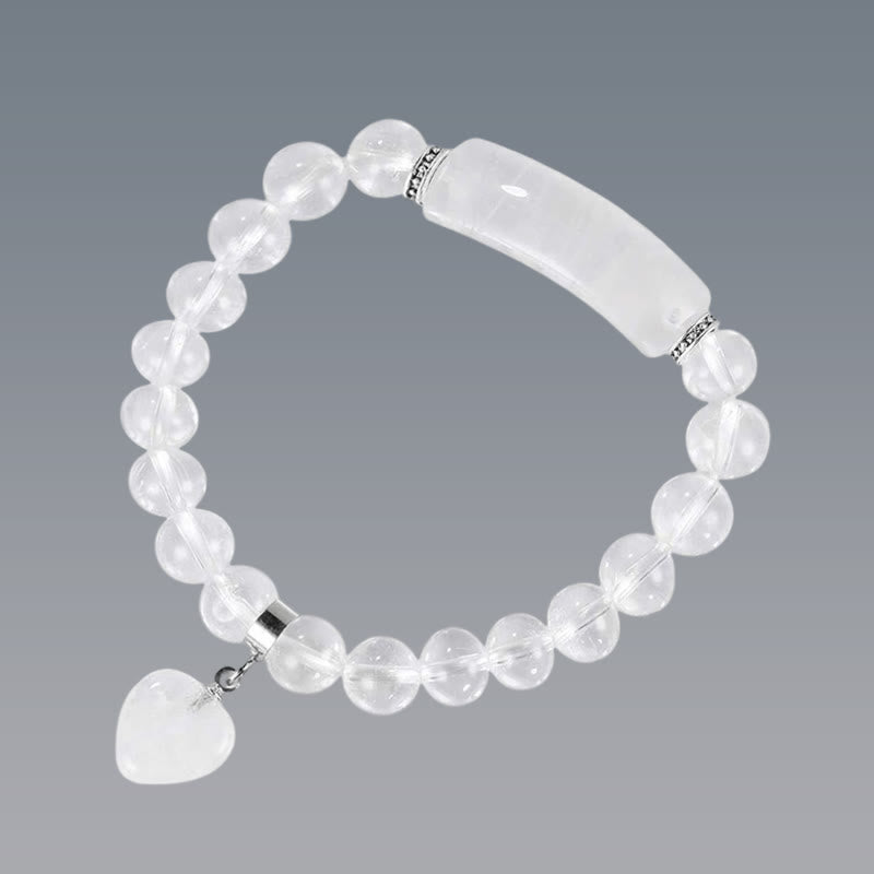 Natural Multi-Stone Love Heart Healing Bracelet - Clear quartz bracelet with translucent spherical beads, ornate silver spacers, curved rectangular bar, and dangling heart charm