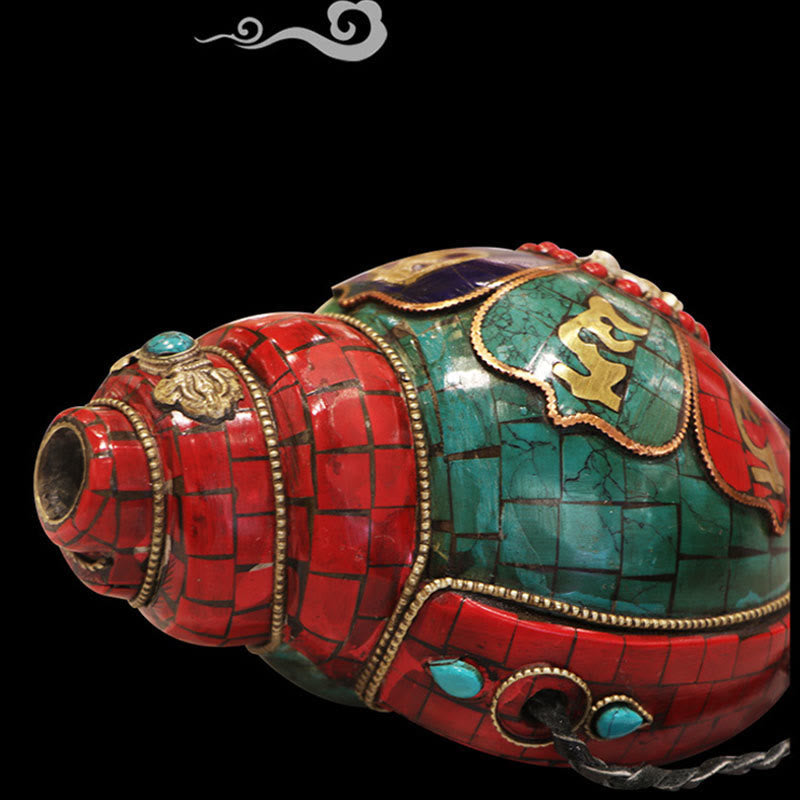 Shankha Om Mani Conch – held in hands showing scale and craftsmanship, Tibetan lucky ornament gift