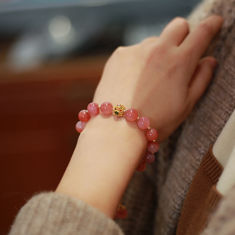 925 Silver Yanyuan Agate Lotus Bracelet – pink rhodonite beads gold filigree on wrist, stone stretch bracelet