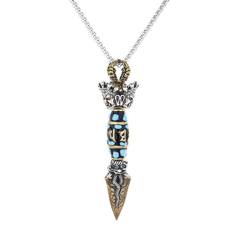 Tibetan Dzi Bead Dorje Pendant - Full frontal view on white background showing three-section design, Tibetan dagger pendant