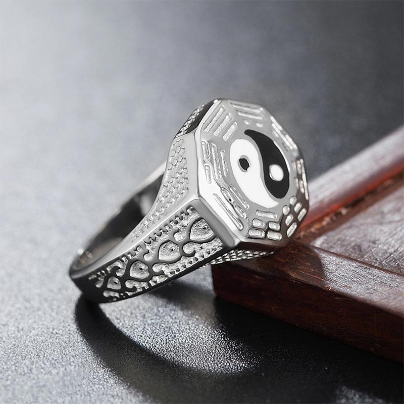 Yin Yang Copper Luck Ring - Polished silver ring with yin-yang bagua design, men's fortune ring