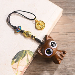 Green Sandalwood Key Chain – koi fish engraving detail, lucky cat bead, phone strap