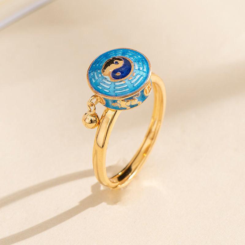 Yin Yang Copper Rotatable Ring - blue enamel yin-yang bagua spinner with dangle charm, copper ring