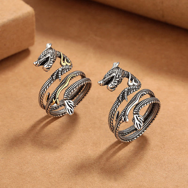 Vintage Dragon Pattern Copper Ring - Two dragon ring variants side by side, masculine