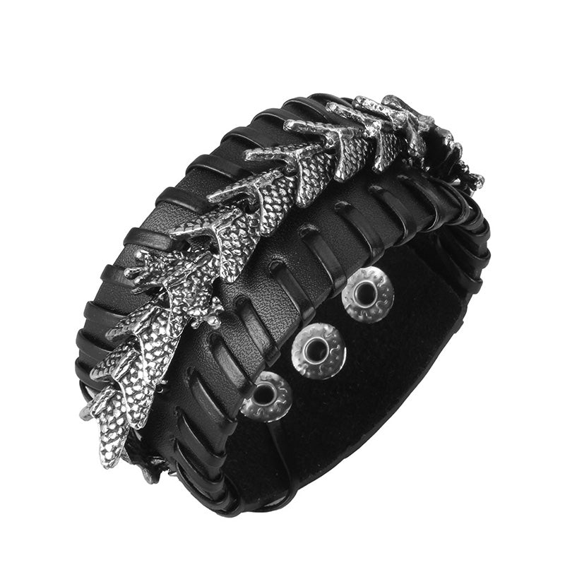 Dragon Leather Weave Protection Bracelet – black leather cuff with 3D dragon and eyelet closure, protective