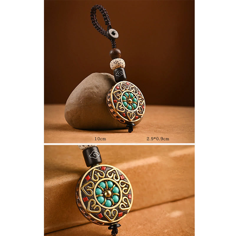 Tibetan Bodhi Seed Peace Key Chain – Crafting process and finished turquoise floral medallion, artisan keychain