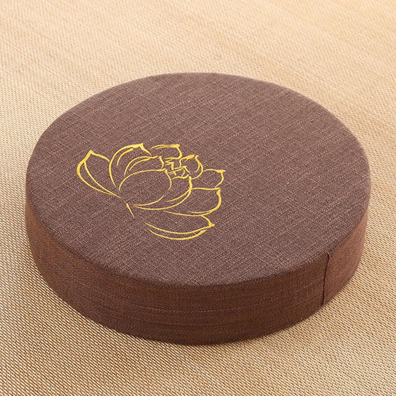 Espresso Lotus Zafu - Round floor cushion with golden lotus on dark brown linen