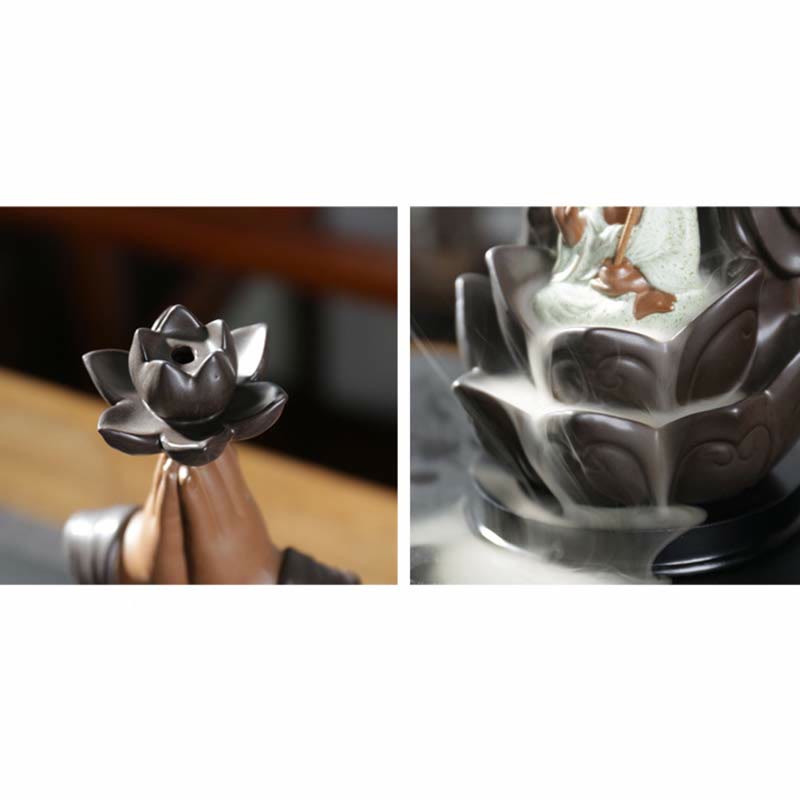Buddha Lotus Incense Burner – Lotus top and smoke waterfall detail views, Zen atmosphere