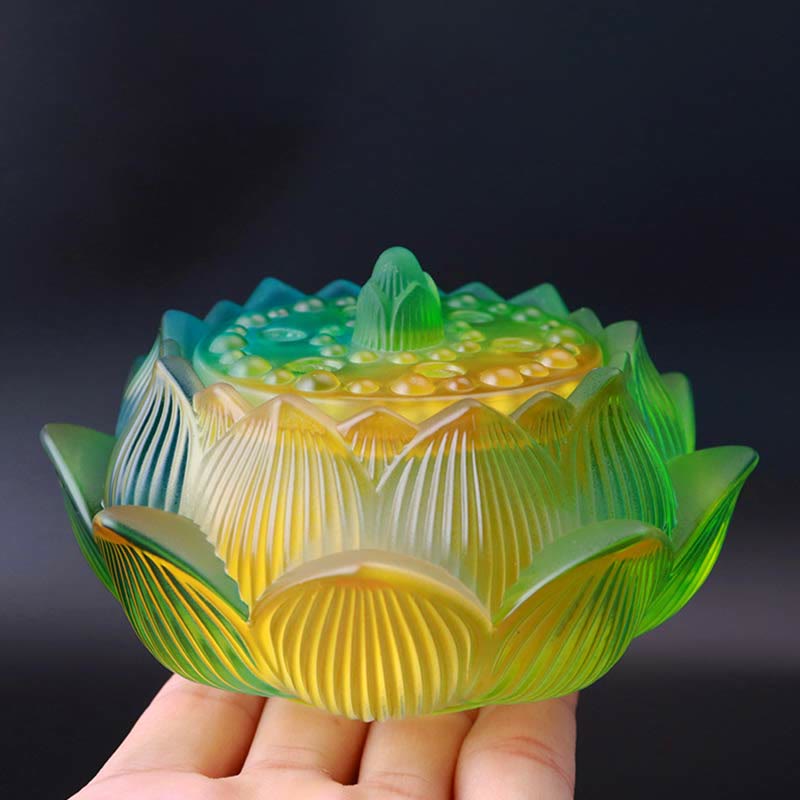 Lotus Liuli Crystal Incense Burner - emerald-to-gold gradient lotus, vibrant