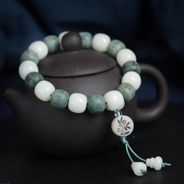 White Bodhi Seed Om Mani Padme Hum Bracelet – Carved green beads with lotus charm, Buddhist wrist mala