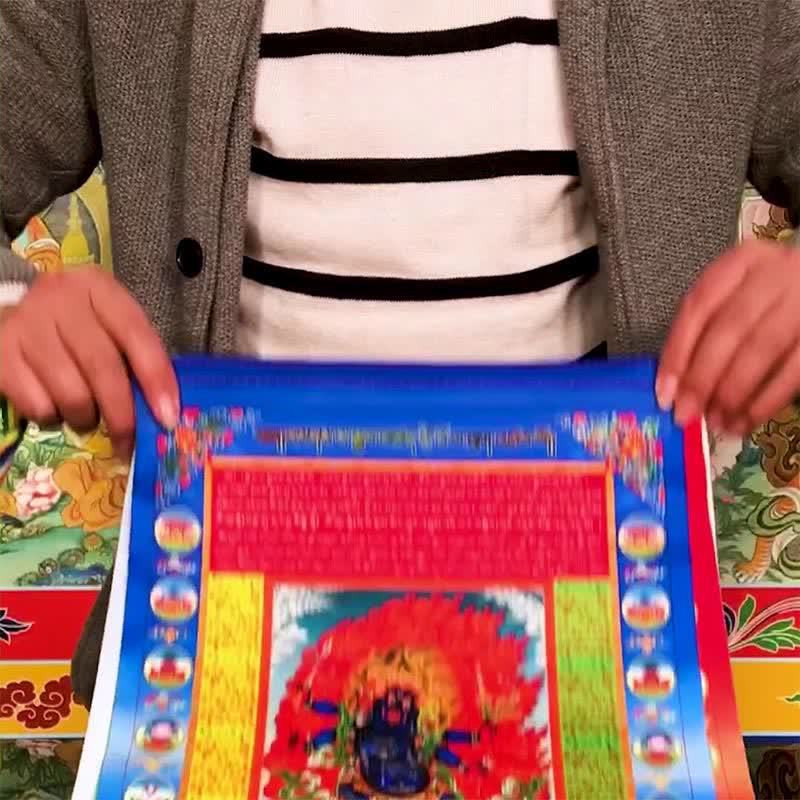 Tibetan Windhorse 10-Color Prayer Flag – back view of robe drapery details, Buddhist altar centerpiece