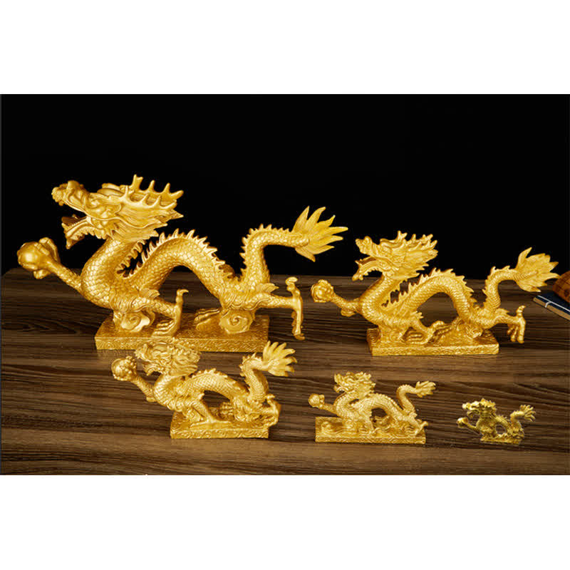 Dragon Decoration Set - five golden dragons graduated sizes, wealth collection, regal