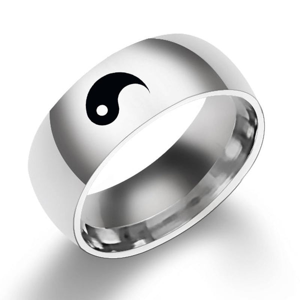 Yin Yang Titanium Steel Couple Ring - Silver polished band with black yin-yang symbol detail, stainless steel ring