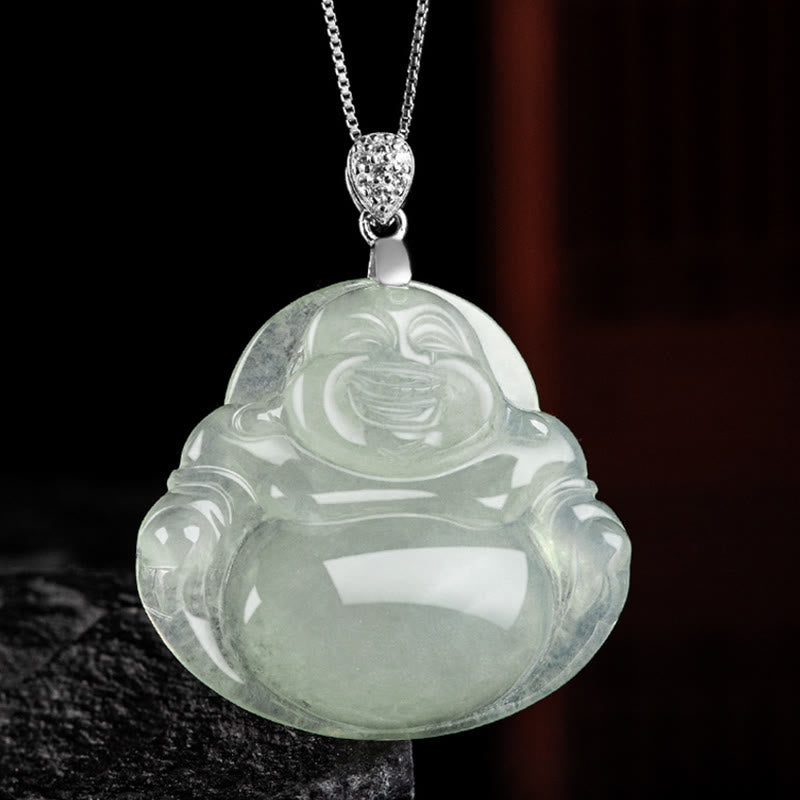 Jade Buddha Necklace – worn on model, prosperity pendant