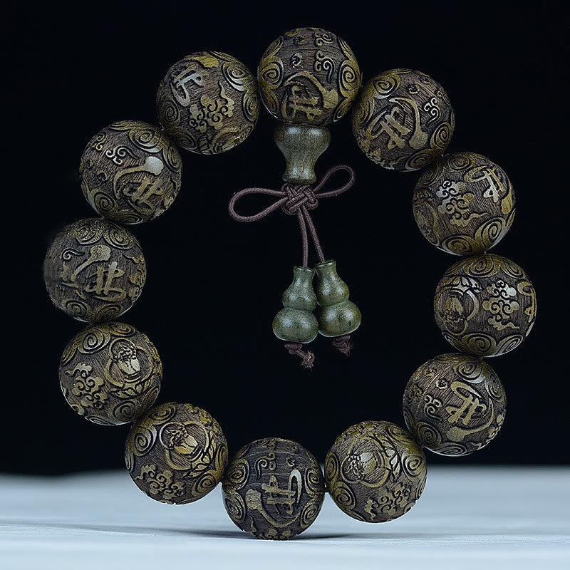 Chinese Zodiac Rosewood Ebony PiXiu Set – green sandalwood zodiac animal bracelet, olive wood grain carved beads charm