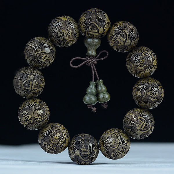 Chinese Zodiac Rosewood Ebony PiXiu Set – green sandalwood zodiac animal bracelet, olive wood grain carved beads charm