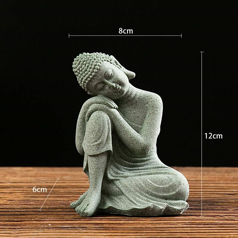 Green Sandstone Buddha Statue – Resting Buddha with size markings 8cm by 12cm, front-view