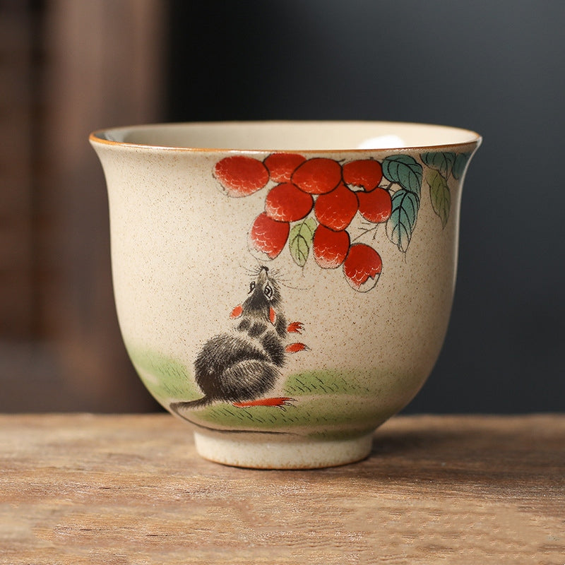 Chinese Zodiac Ceramic Teacup - hand-painted tiger zodiac cup, crackle glaze on dark background