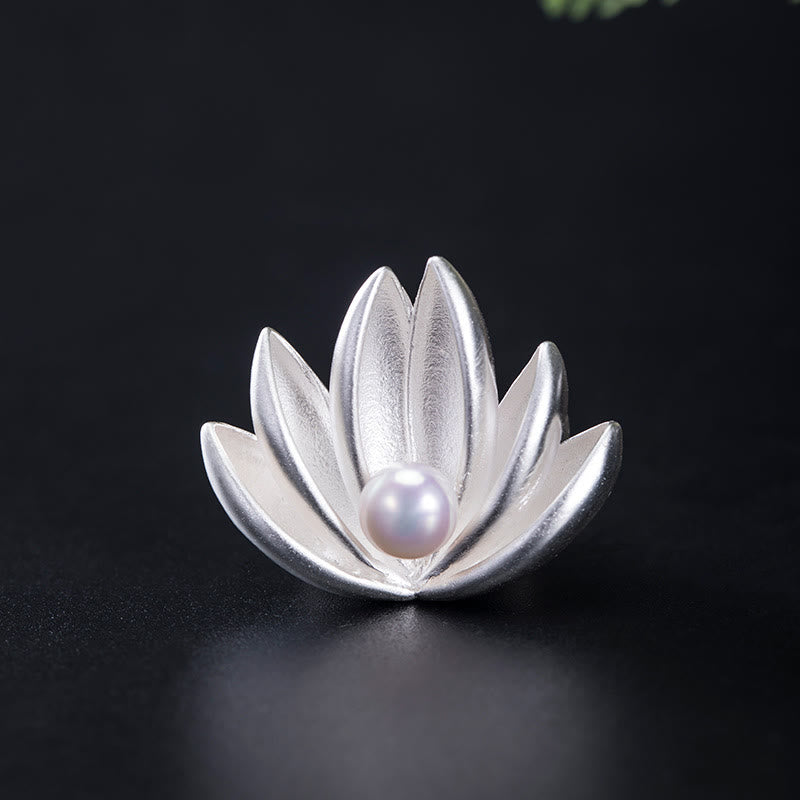 Silver Lotus Pearl Brooch – Seven-petal silver lotus with pearl center, Elegant jewelry
