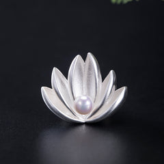 Silver Lotus Pearl Brooch – Seven-petal silver lotus with pearl center, Elegant jewelry
