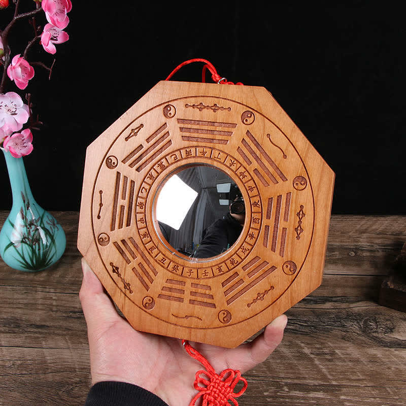 Peach Wood Bagua Map - four wooden bagua mirrors with red Chinese knot tassels in multiple sizes, set
