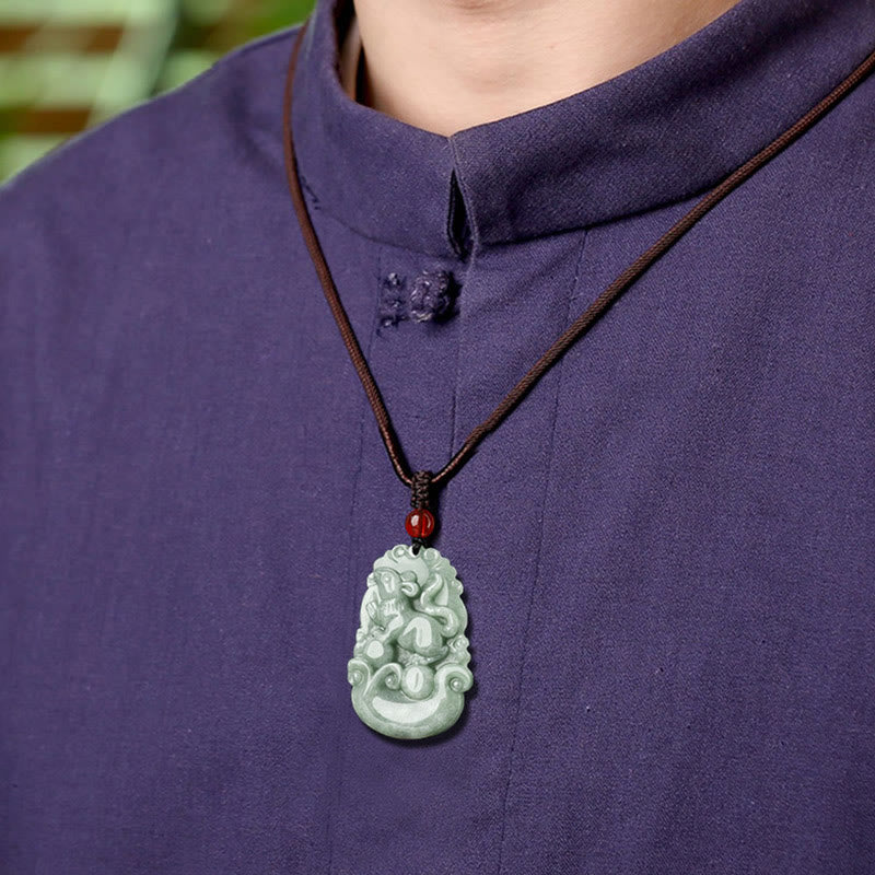 Green Jade Zodiac Necklace - Jade pendant worn with traditional collar outfit, everyday spirituality