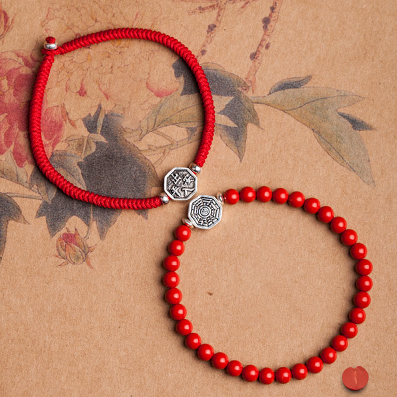 925 Sterling Silver Yin Yang Bagua Cinnabar Bracelet – Paired red cord and beaded bracelets, watercolor botanical background