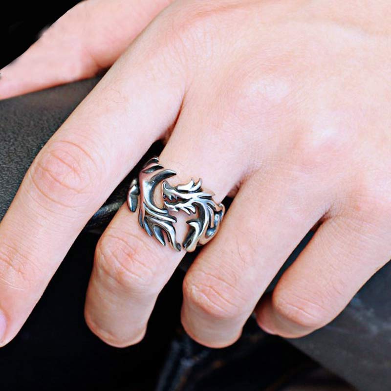 Dragon Pattern Protection Ring – silver dragon wrap on finger, Adjustable