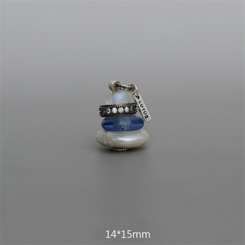 Zen Cairn Crystal Pendant – baroque pearl blue bead crystal ring moonstone stack, 14x15mm LOTUS charm