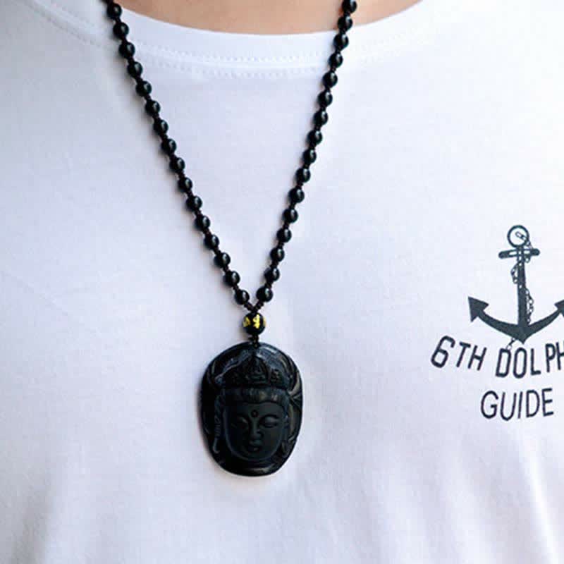 Black Obsidian Avalokitesvara Pendant - glossy carved Buddha bodhisattva necklace on model, Strength