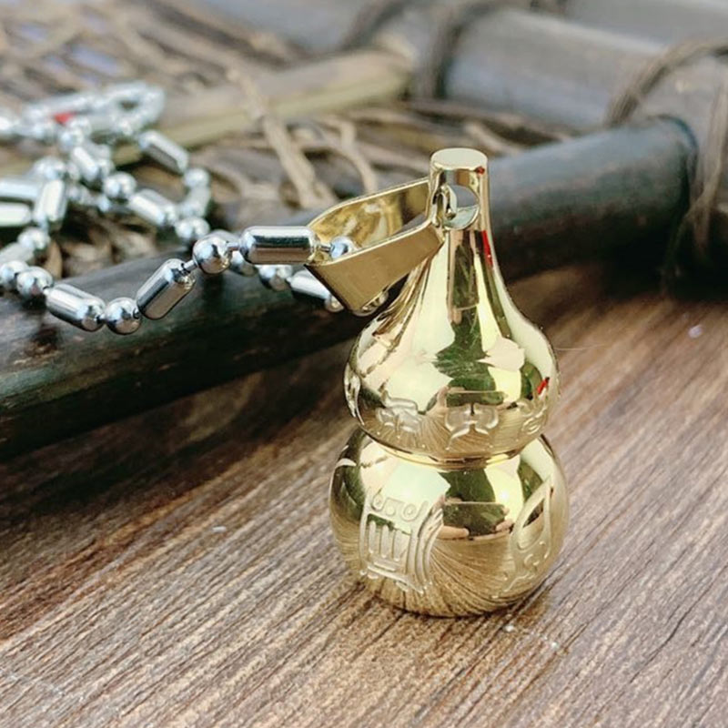 Tibetan Yin Yang Gourd Necklace - Gold gourd on silver ball chain over wood, feng shui jewelry