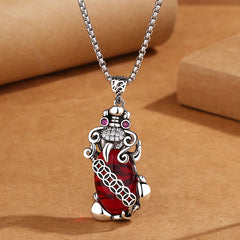 Garnet PiXiu Necklace – Silver PiXiu pendant with deep red garnet body on silver chain, passion jewelry