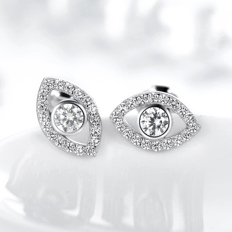 Sterling Silver Evil Eye Stud Earrings with Clear CZ Eye Symbol on White Background, Protection