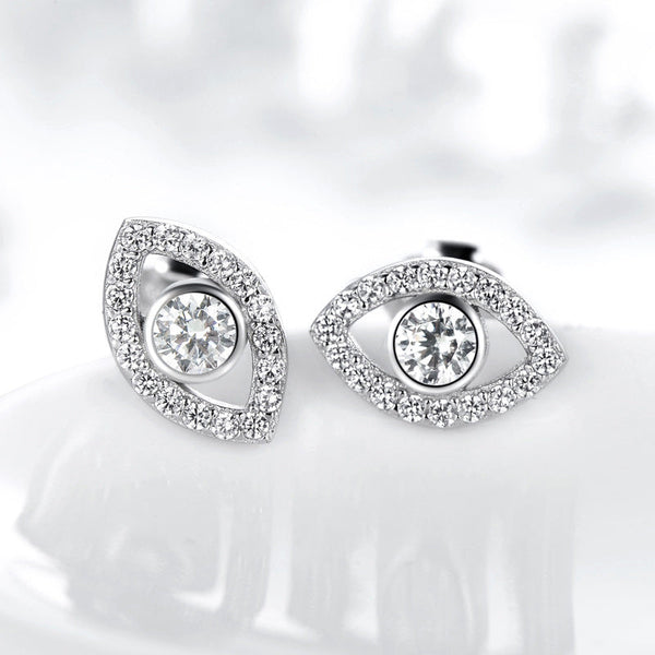 Sterling Silver Evil Eye Stud Earrings with Clear CZ Eye Symbol on White Background, Protection