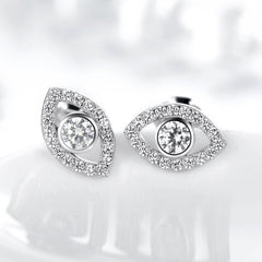 Sterling Silver Evil Eye Stud Earrings with Clear CZ Eye Symbol on White Background, Protection