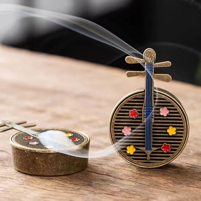 Copper Incense Burner Set – yueqin lute burner with blue neck and tuning pegs, incense smoke