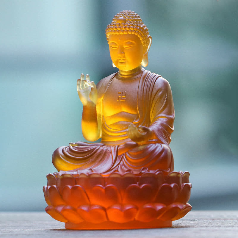 Sakyamuni Buddha Liuli Crystal Statue – Seated meditation pose on lotus throne, mindfulness gift