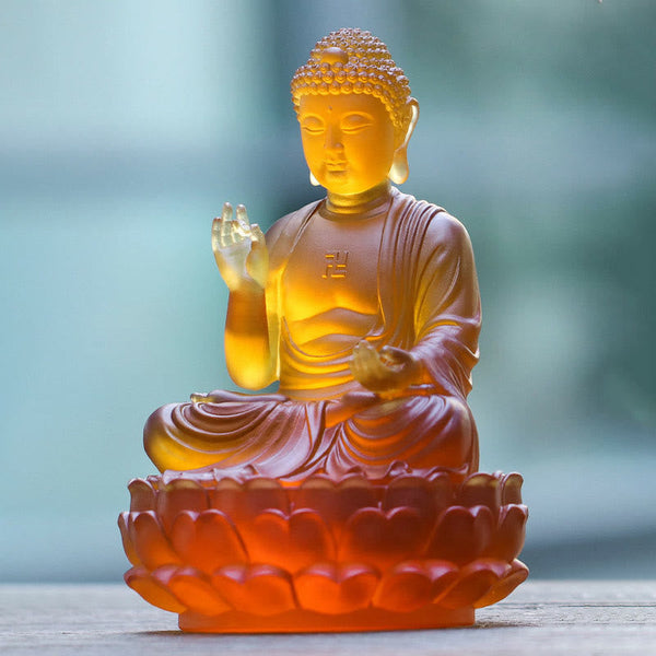 Sakyamuni Buddha Liuli Crystal Statue – Seated meditation pose on lotus throne, mindfulness gift