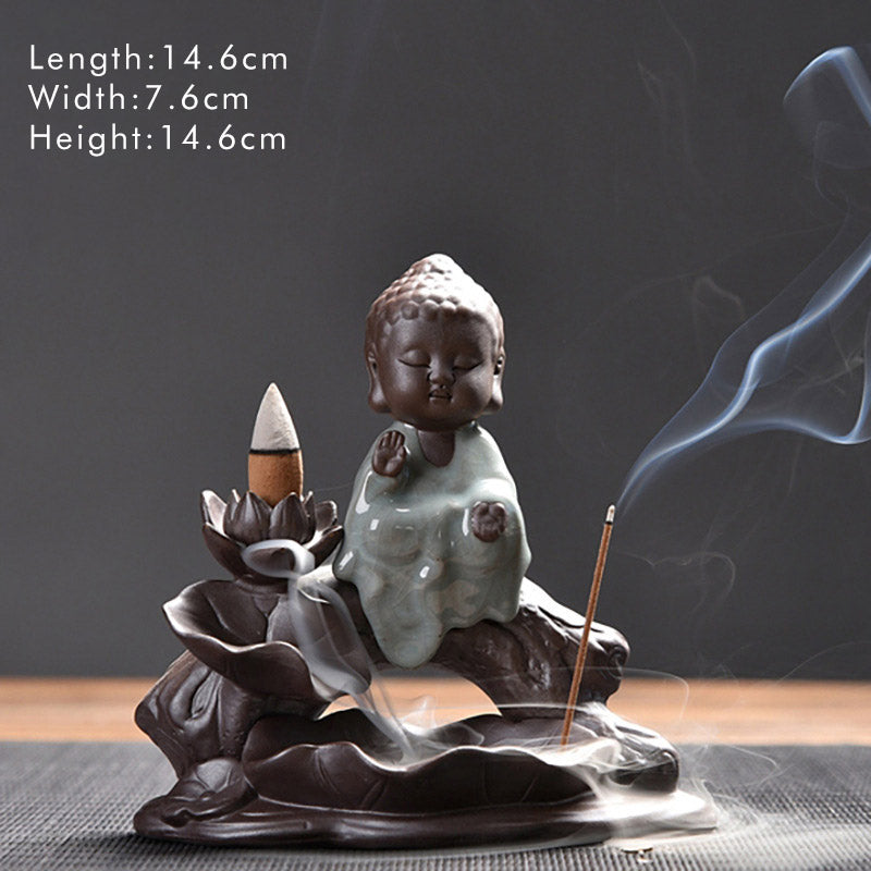 Little Monk Ceramic Incense Burner - Meditating monk with backflow incense, dimensions labeled, ceramic zen piece