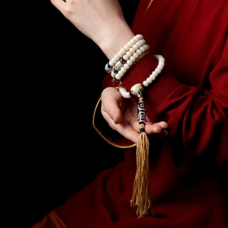108 Mala Beads Bracelet – Worn as wrap on wrist, dzi pendant and tassel