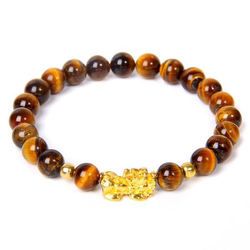FengShui Obsidian Red Agate Tiger Eye PiXiu Wealth Bracelet – tiger eye beads alternate angle with gold pi xiu, wealth energy stone