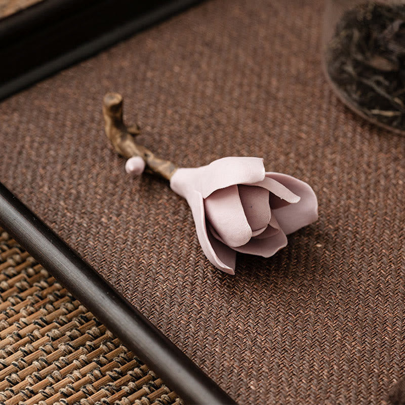 Gardenia Ceramic Incense Burner – Lavender magnolia bud on bark branch, herringbone fabric, home decor accent