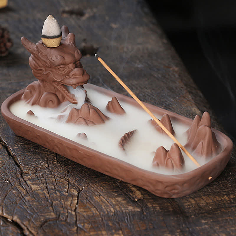 Brown Ceramic Dragon Burner - terracotta finish misty smoke waterfall, earthy, zen