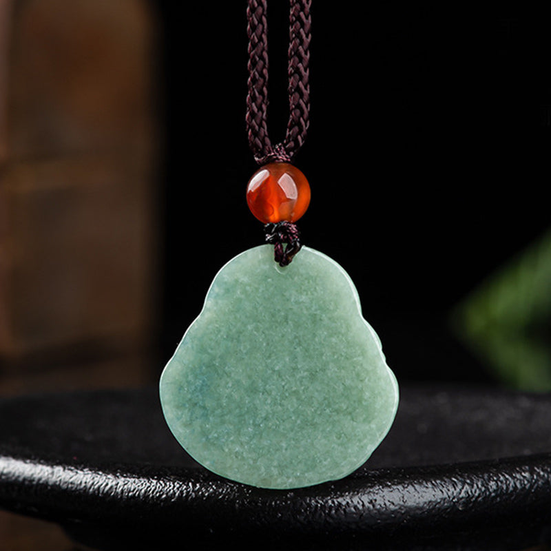 Laughing Buddha Cyan Jade Necklace Success – Long elegant jade necklace with single large Buddha pendant, power dressing