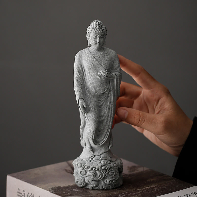 Sandstone Meditation Decor – Buddha figure cloud engravings, auspicious spiritual home statue