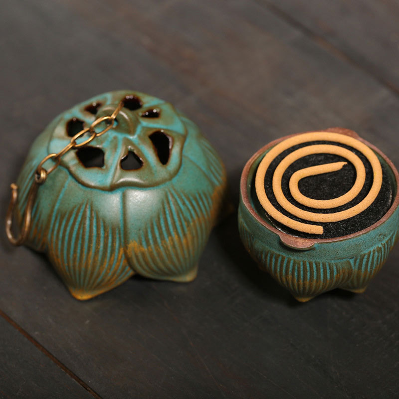 Lotus Hanging Incense Burner - Open censer base with lid showing petal cutouts, coil incense, lotus decor